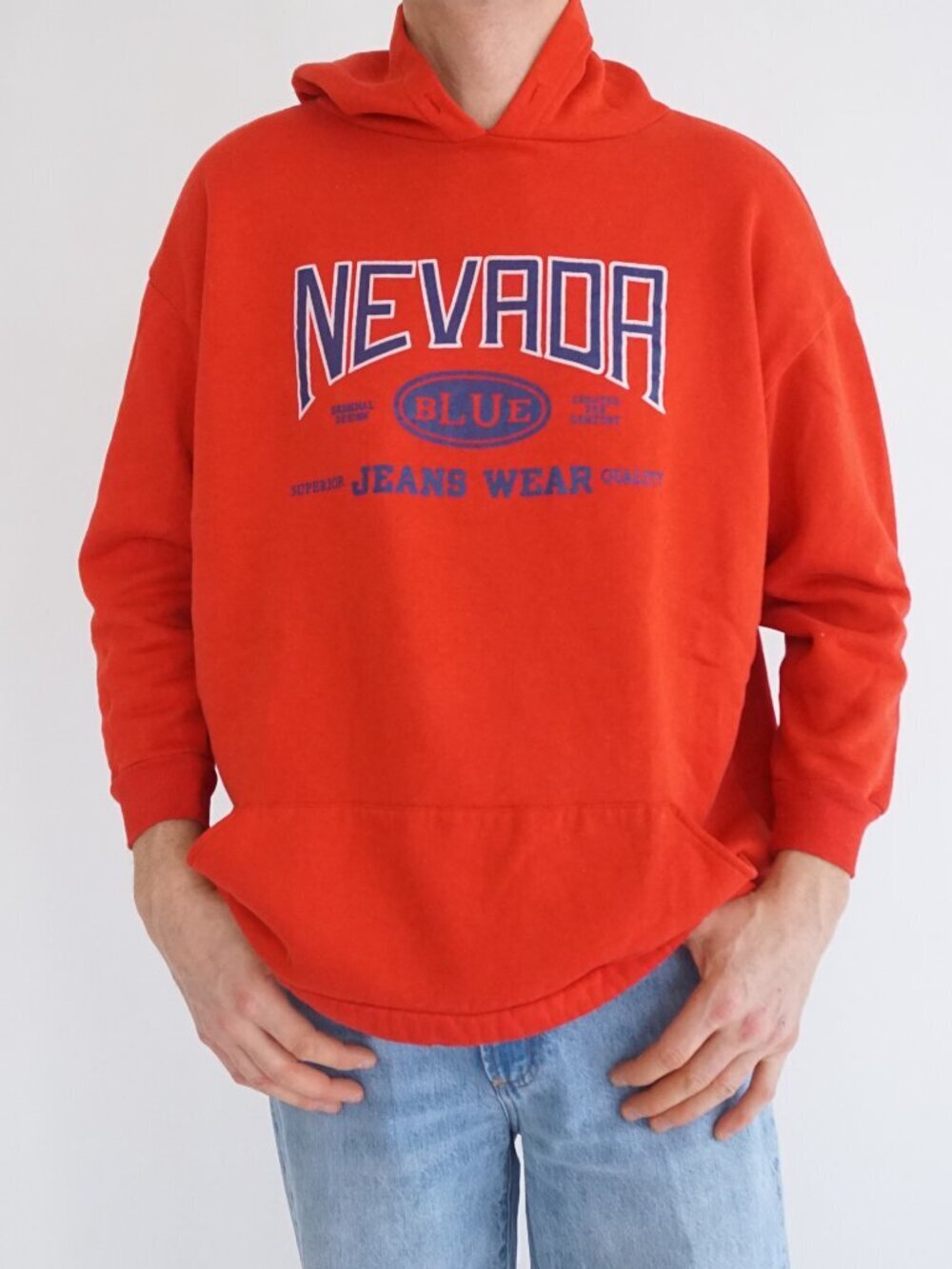 Vintage Nevada Blue Hoodie Red Graphic Spellout Streetwear Boxy Fit Mens Large